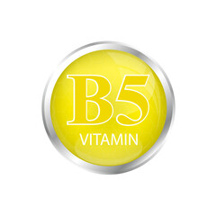 Vitamin B5 icon and structure isolated on cut out PNG. Yellow balls with vector illustration on yellow mix orange isolated background.3D Vitamin complex with chemical formula. Drug business concept.	