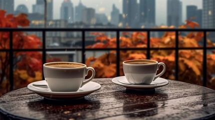 Fototapeta premium Two cups of coffee on a table overlooking an autumn city view. Generative AI. 