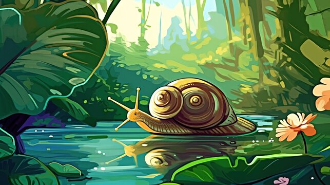 A serene garden with a snail slowly making its way across a leaf. Fantasy concept , Illustration painting.