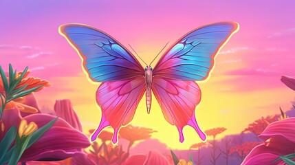 A rainbow-colored butterfly resting on a flower. Fantasy concept , Illustration painting.