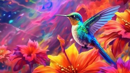 Fototapeta premium A rainbow-colored hummingbird sipping nectar from a flower. Fantasy concept , Illustration painting.