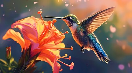 A rainbow-colored hummingbird sipping nectar from a flower. Fantasy concept , Illustration painting.
