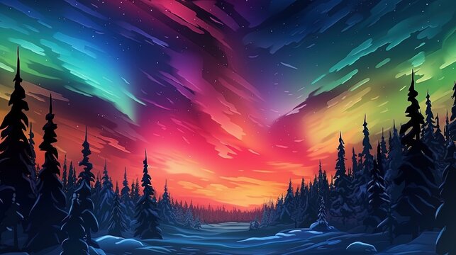 A rainbow-colored aurora borealis in the night sky. Fantasy concept , Illustration painting.