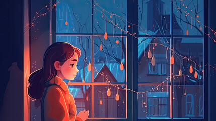 creative illustration of a young woman looking dreamily out of the window. Generative AI