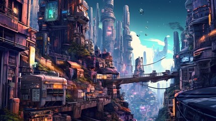 A sci-fi planet with towering megacities and dark gritty alleys. Fantasy concept , Illustration painting.
