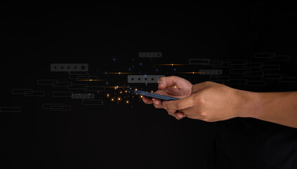 Businessman in a black suit using a chatbot on an AI smartphone. GPT chat, chatting with AI artificial intelligence on data screen and data linking and perception with satisfaction service.