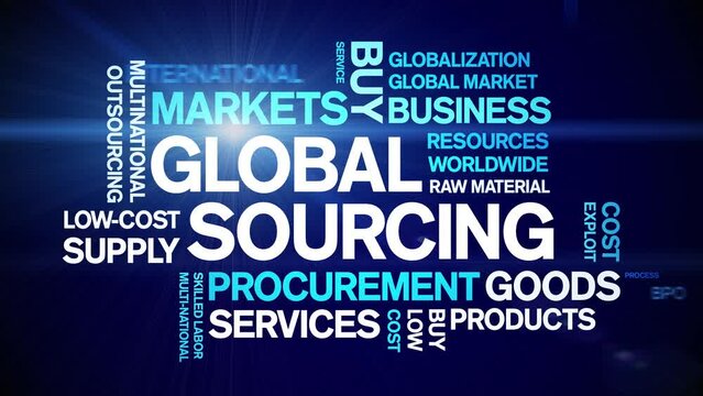 Global Sourcing animated tag word cloud;text design animation kinetic typography seamless loop.