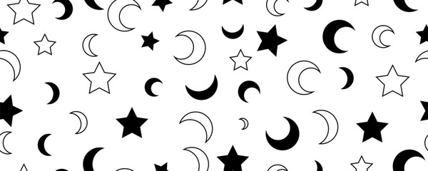black white moon stars seamless patttern