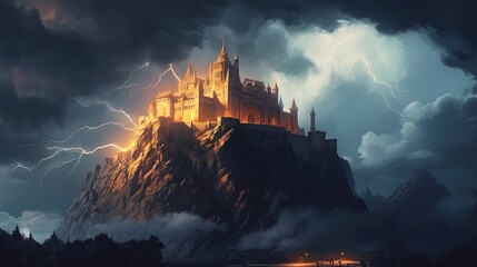 A storm brewing over a castle on a cliff. Fantasy concept , Illustration painting.