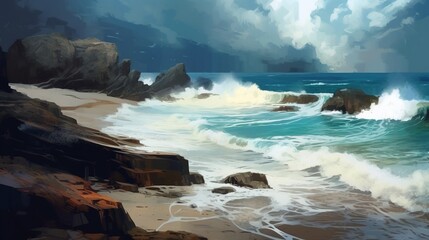 Obraz premium A stormy beach with crashing waves. Fantasy concept , Illustration painting.