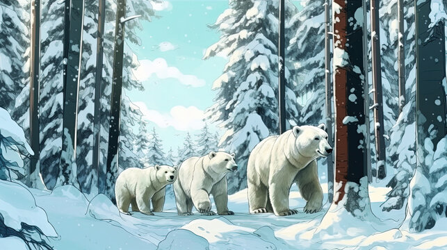 A snow-covered forest with a family of polar bears. Fantasy concept , Illustration painting.