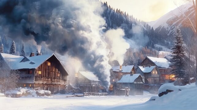 A snow-covered village with smoke rising from the chimneys. Fantasy concept , Illustration painting.