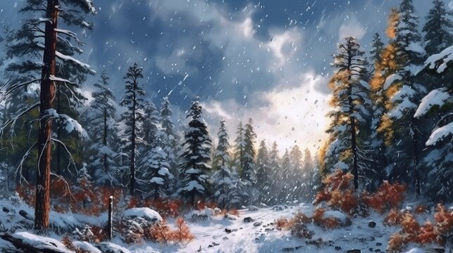 A snowstorm in a pine forest. Fantasy concept , Illustration painting.