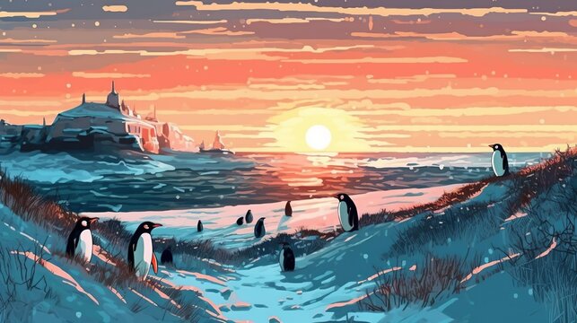 A snowy field with a family of penguins huddling for warmth. Fantasy concept , Illustration painting.