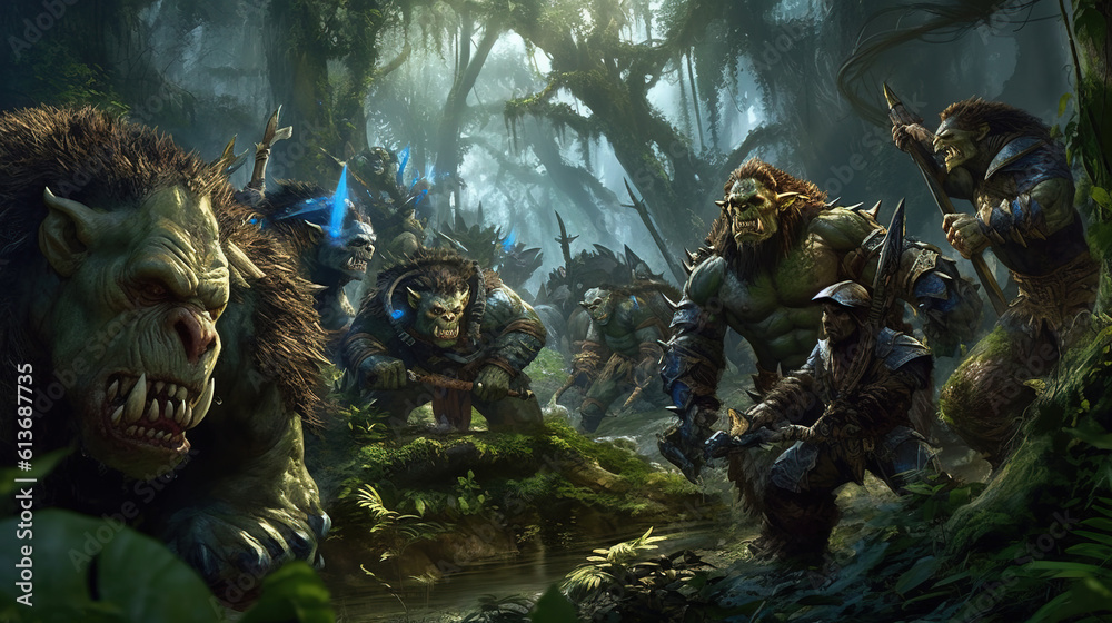 Wall mural a squad of orc soldiers fighting in a high-tech jungle warzone. fantasy concept , illustration paint