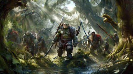 A squad of orc soldiers fighting in a high-tech jungle warzone. Fantasy concept , Illustration painting. - obrazy, fototapety, plakaty