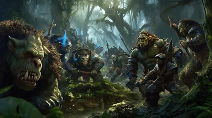 A squad of orc soldiers fighting in a high-tech jungle warzone. Fantasy concept , Illustration painting. © X-Poser