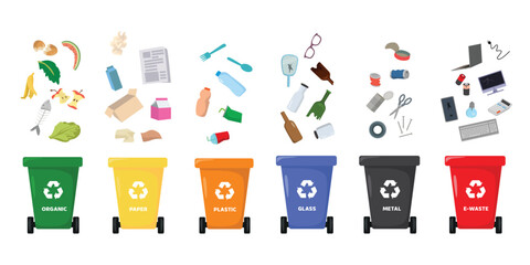Sorting and recycling garbage by material with different types of colored waste bins with symbols for organic, paper, glass, plastic, metal, e-waste - obrazy, fototapety, plakaty