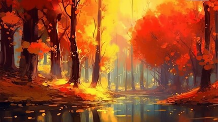 Obraz na płótnie Canvas A beautiful abstract autumn landscape of a city park in autumn with golden sunlight. Generative AI. 