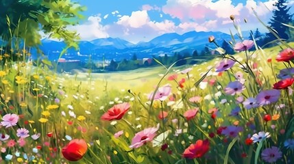 A sunny meadow with wildflowers. Fantasy concept , Illustration painting.