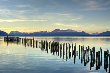 Photo of a breathtaking view of the water with numerous poles protruding from it in Puerto Natales, Chile
