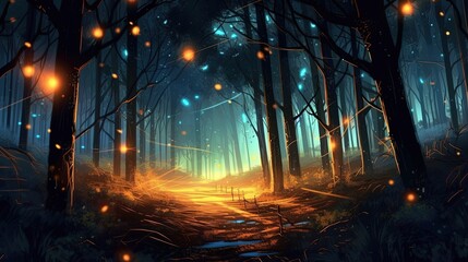 Fototapeta premium A swarm of fireflies lighting up a dark forest. Fantasy concept , Illustration painting.