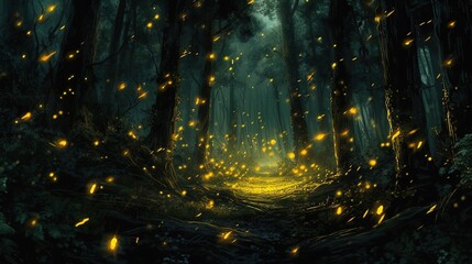 A swarm of fireflies lighting up a dark forest. Fantasy concept , Illustration painting.