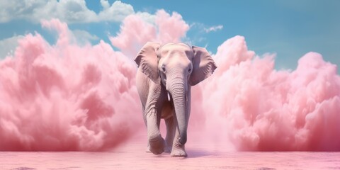 A beautiful pink elephant on an abstract minimal landscape background. Happy animals concept. Pastel theme. Ai generated digital design. 