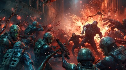 A group of sci-fi soldiers in a battle with futuristic cyborg aliens. Fantasy concept , Illustration painting.