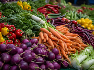 A colorful array of fresh vegetables arranged in a farmer's market display.