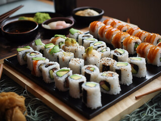 A platter of bite-sized sushi rolls, neatly arranged and served with soy sauce and wasabi.