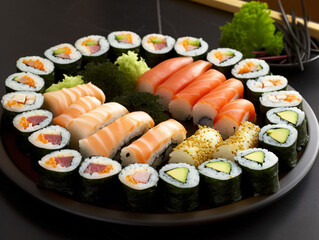 A platter of bite-sized sushi rolls, neatly arranged and served with soy sauce and wasabi.