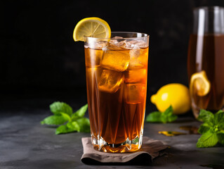 A refreshing glass of iced tea with lemon slices and mint leaves.