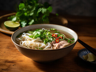 A bowl of steaming hot pho, a traditional Vietnamese noodle soup, garnished with herbs and lime.