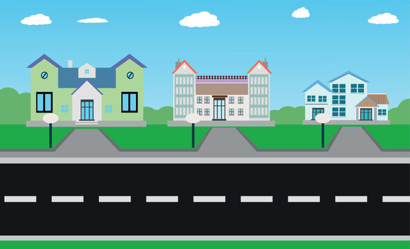 Flat vector cartoon style illustration urban landscape street with cars, skyline city office buildings, family houses in small town and mountain with green trees in background, house in the city.