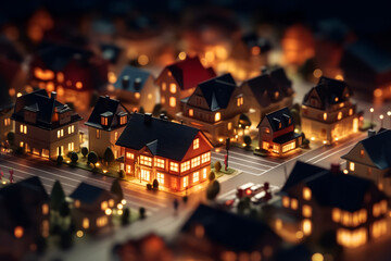 Digital community, smart homes, view at night. tilt shift photography concept. miniature world.