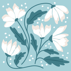 Botaniczna boho kompozycja z białymi kwiatami i zielonymi listkami. Minimalistyczny styl. Ilustracja wektorowa. - obrazy, fototapety, plakaty
