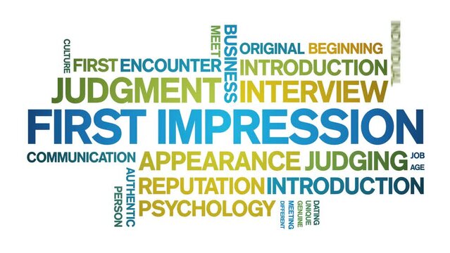 First impression animated tag word cloud;text design animation kinetic typography seamless loop.
