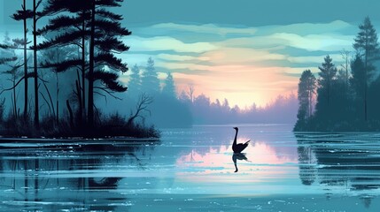 A tranquil lake with a loon calling in the distance. Fantasy concept , Illustration painting.