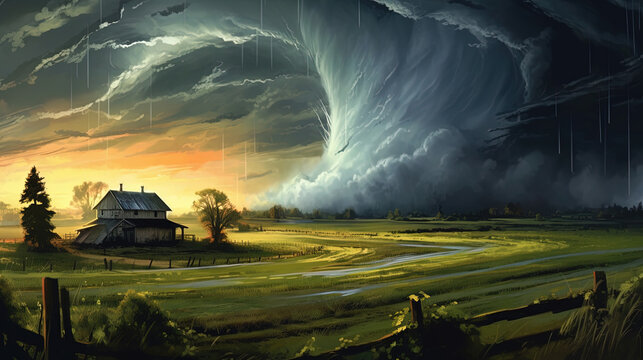 A tornado ripping through a farm. Fantasy concept , Illustration painting.