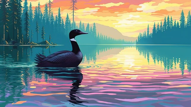 A tranquil lake with a loon calling in the distance. Fantasy concept , Illustration painting.