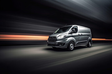 Fototapeta na wymiar A delivery Silver van with glowing lights and fast motion blur. Generative ai