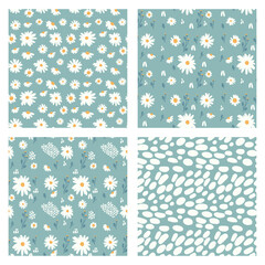 Fototapeta na wymiar Vector illustration. Seamless pattern with chamomile petals and twigs. Big set of flowers.
