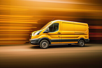 A delivery Yellow van with glowing lights and fast motion blur. Generative ai 