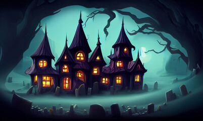 Fototapeta na wymiar cartoon style illustration of enchanted haunted house, Halloween symbol created with generative ai technology