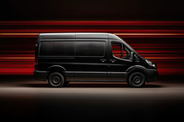 A delivery Black van with glowing lights and fast motion blur. Generative ai 