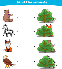Finding Hiding Animals Child Exercise Sheet bear zebra fox eagle printable