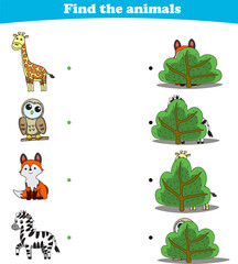 Finding Hiding Animals Child Exercise Sheet giraffe owl fox zebra printable