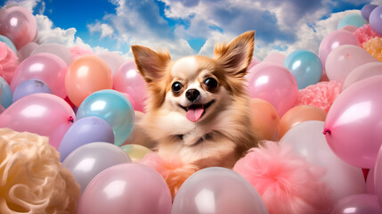 Fototapeta na wymiar Cute dog on the background of balloons, generated, ai