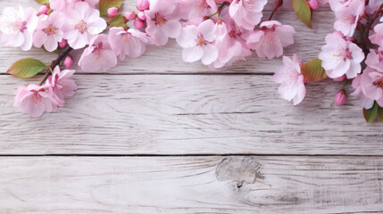 Fototapeta na wymiar Pink cherry blossoms on white wooden background 